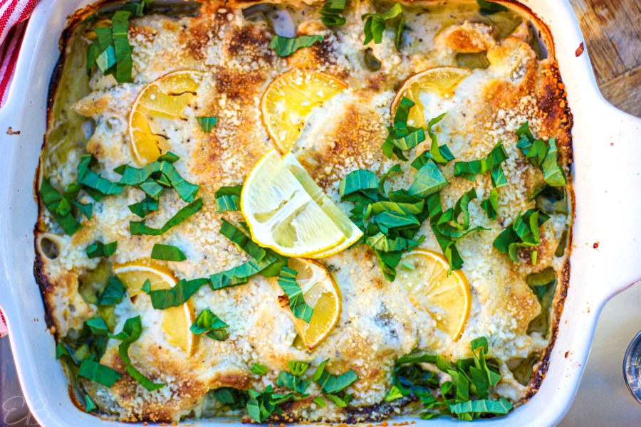 overhead view of keto lemon parmesan chicken