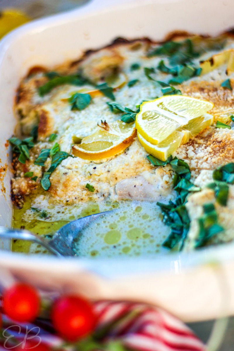 side angle of parm chicken in casserole dish