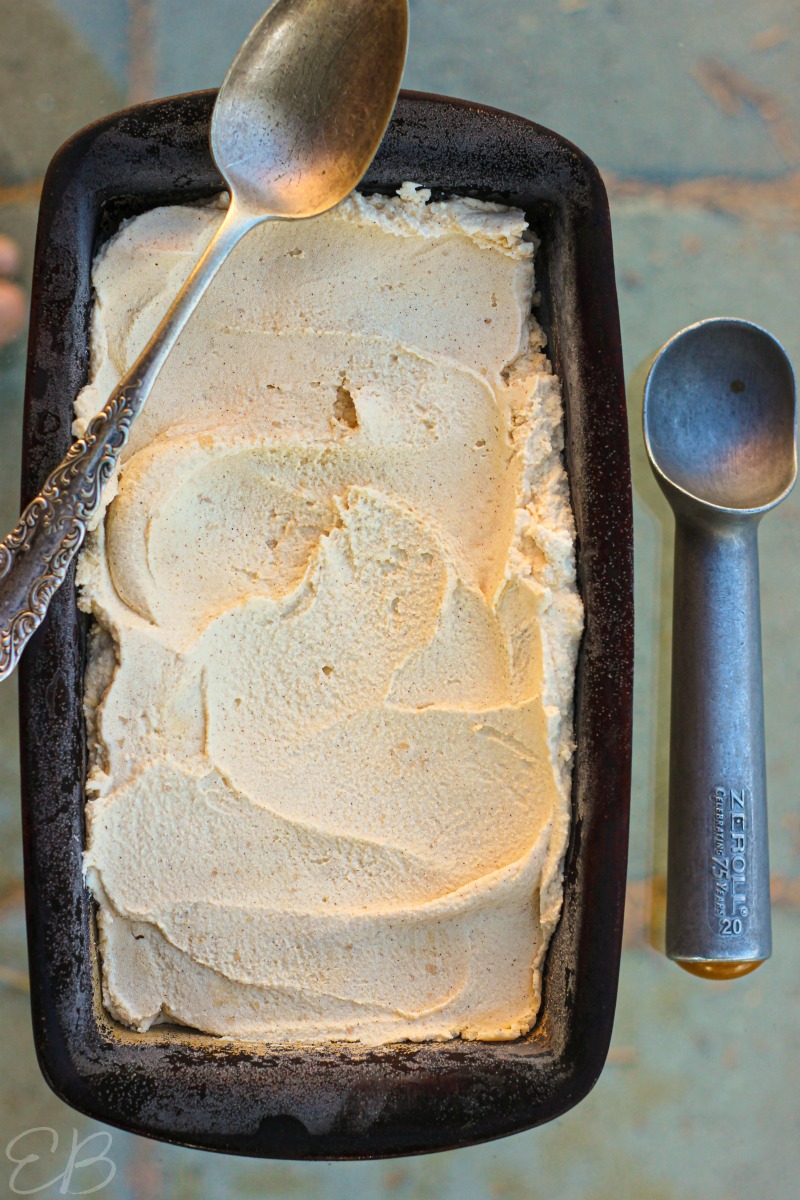 Paleo Cinnamon Ice Cream in loaf pan ready to be scooped