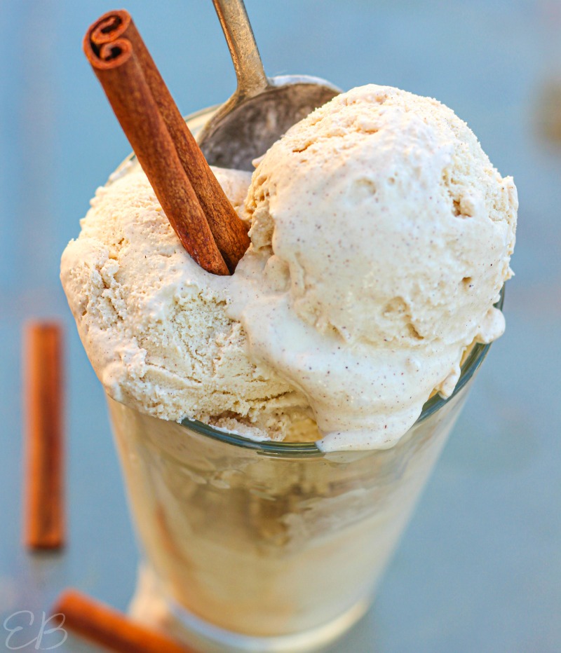 looking down on the light hitting scoops of Paleo Cinnamon Ice Cream with cinnamon stick