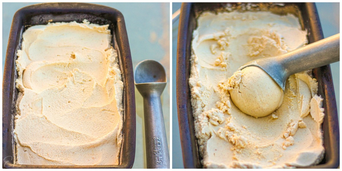 two process photos of scooping paleo cinnamon ice cream