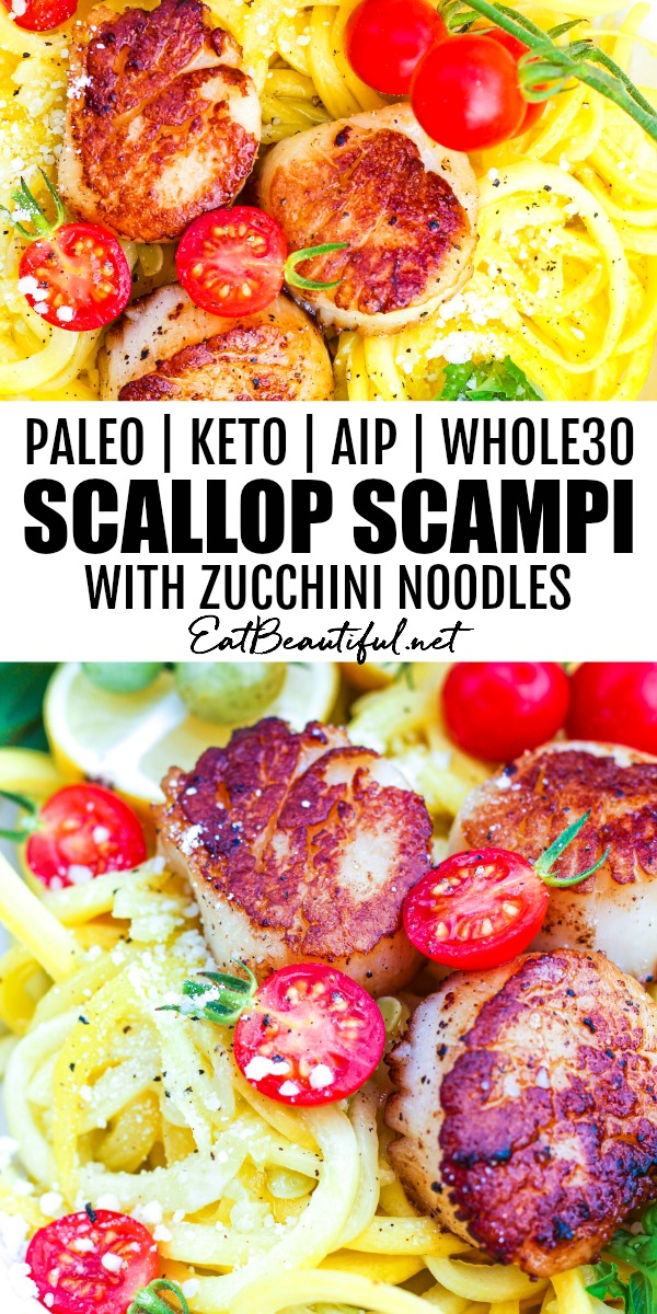 pin with two images of scallop scampi and zucchini noodles with banner and words