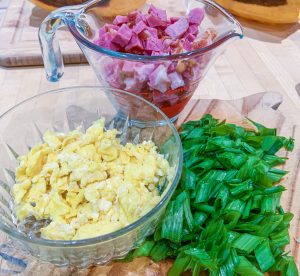ham, eggs and green onions for spaghetti squash fried rice