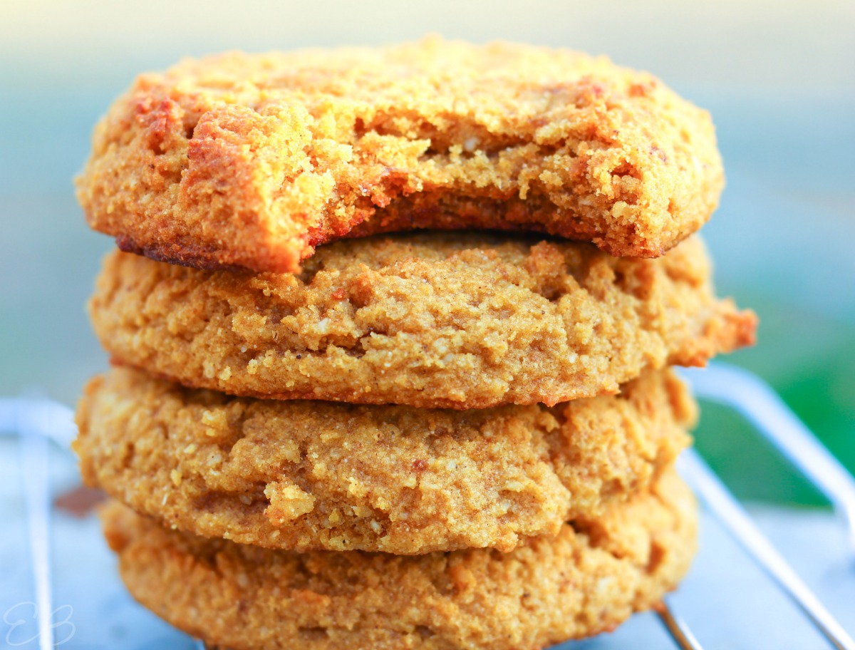 aip pumpkin cookies stacked with a bite out of the top one