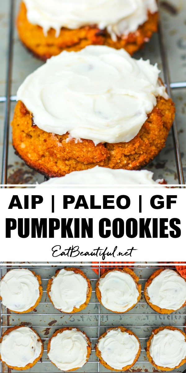 2 images of aip pumpkin cookies with banner in the middle