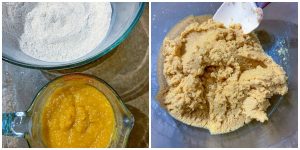 2 process photos of mixing aip pumpkin cookie batter