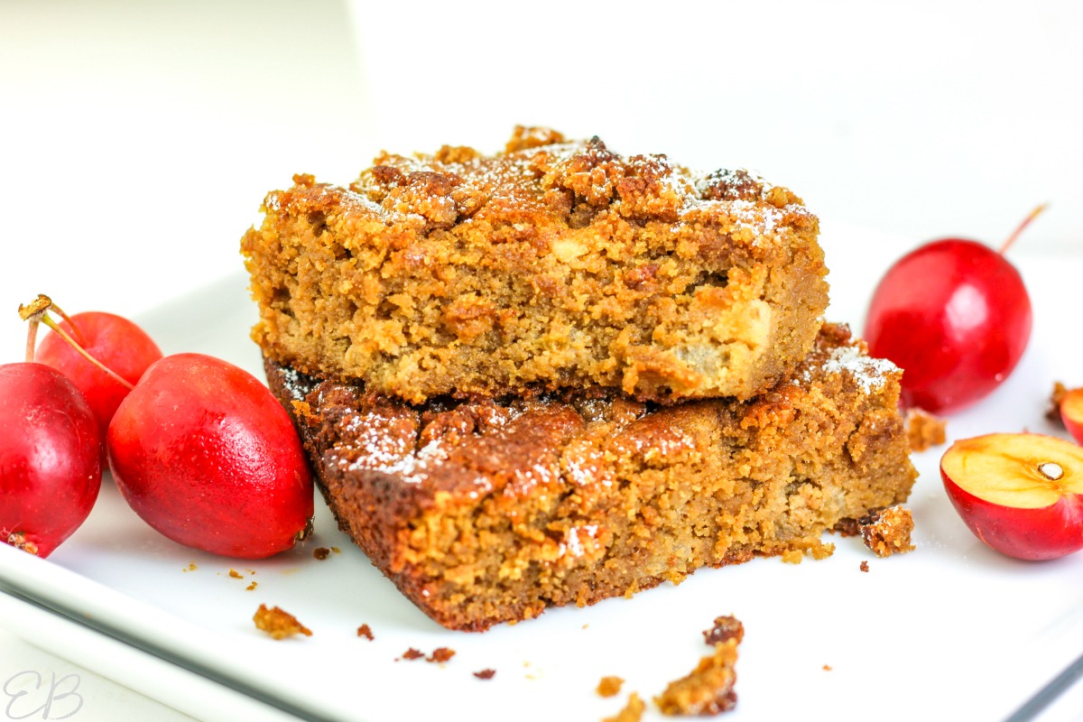 two slices of keto apple cake with crab apples on either side