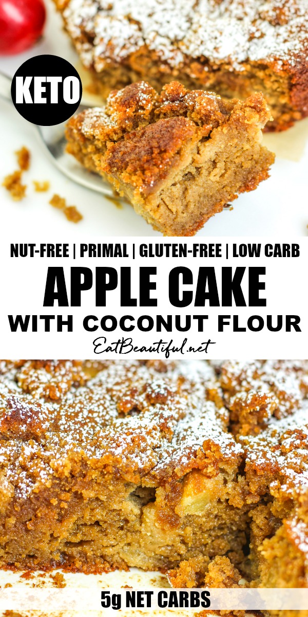 pin with two images of keto apple cake with coconut flour and banner in the middle