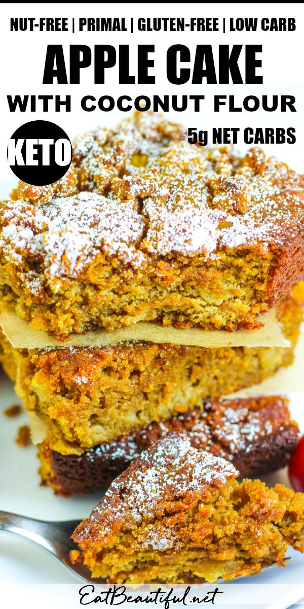 three slices of keto apple cake with coconut flour stacked on top of each other