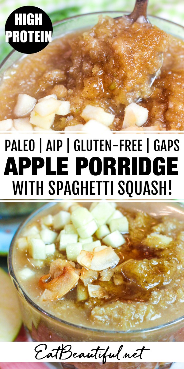 two images of paleo aip apple porridge with spaghetti squash with banner in the middle