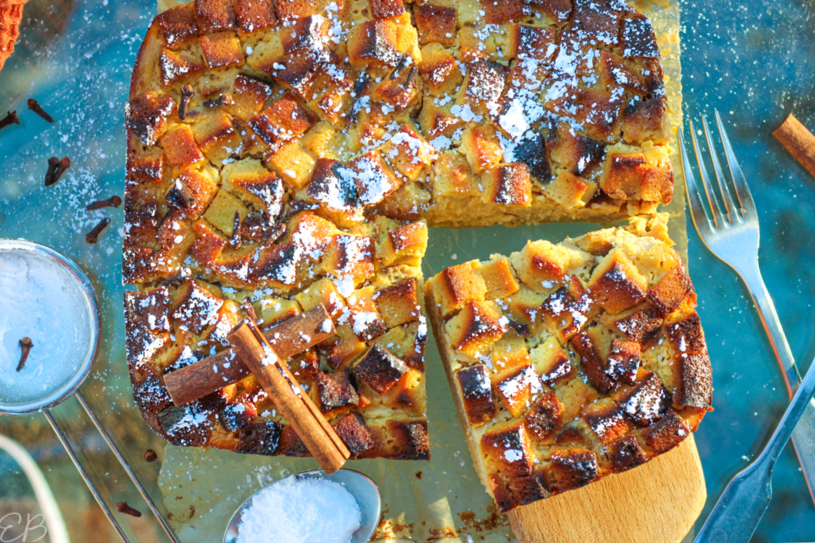 overhead view of pumpkin bread pudding