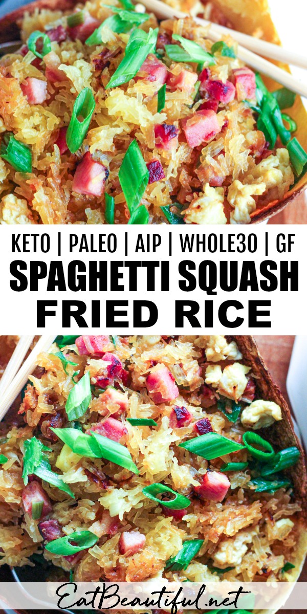 pin with two images and banner of spaghetti squash fried rice after it's been served in the squash shell