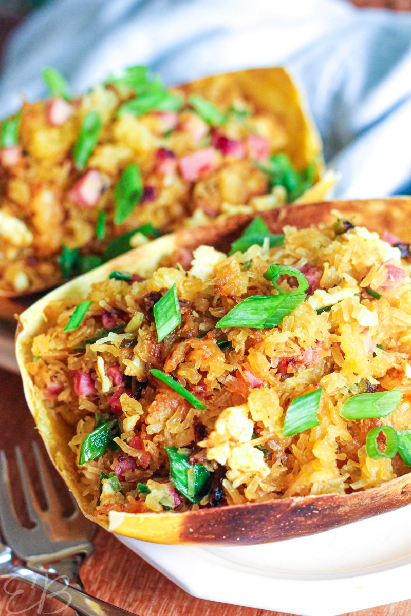 spaghetti squash fried rice recipe pictured in their shells