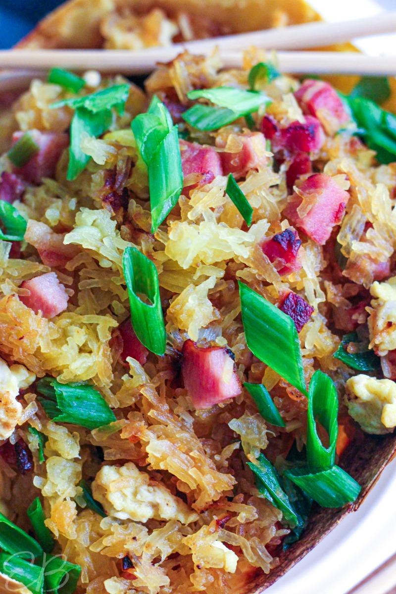 close-up view of spaghetti squash fried rice after it's been served in the squash shell