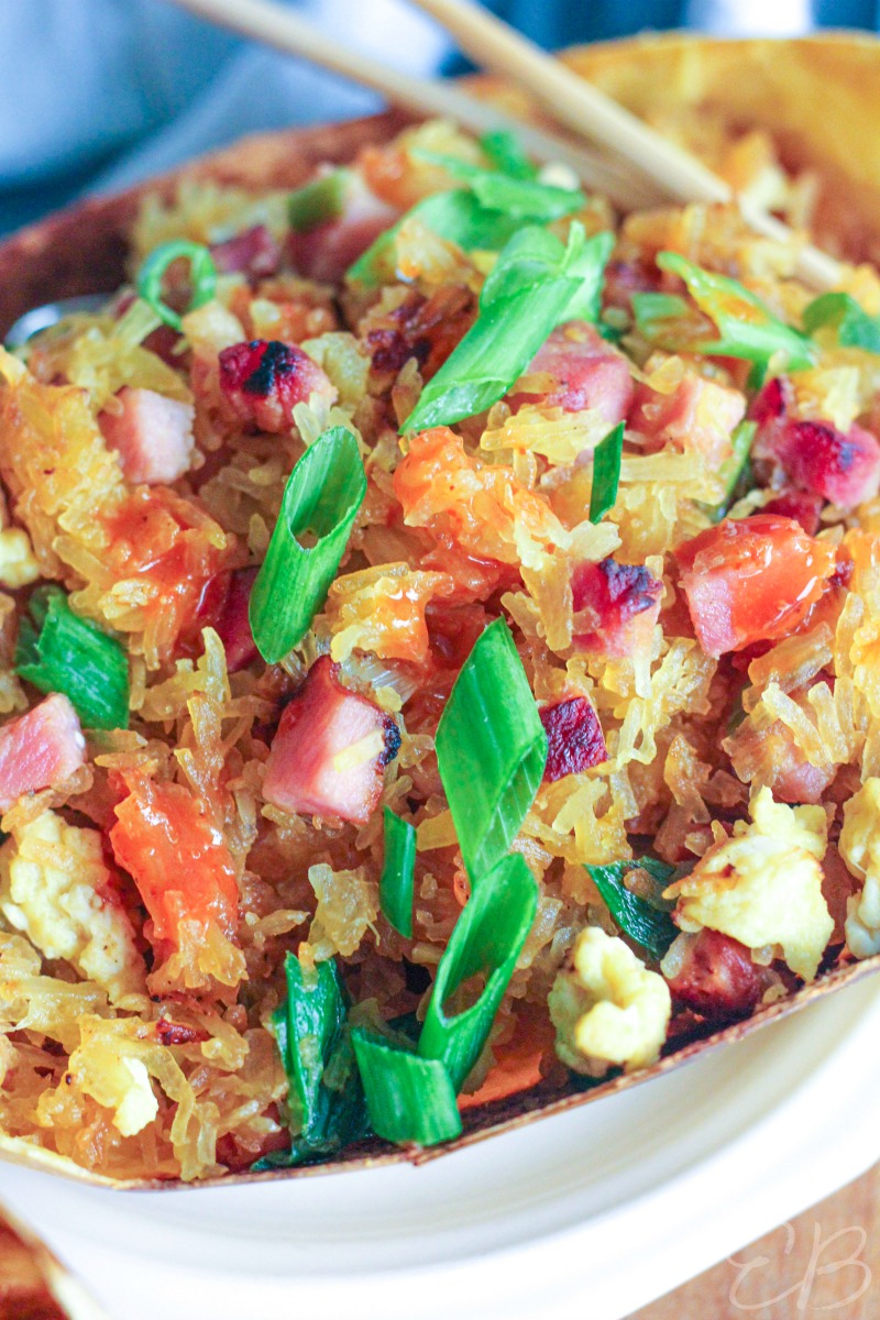 close-up view of spaghetti squash fried rice in sunny window