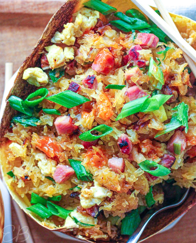 spaghetti squash fried rice after it's been served in the squash shell