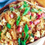 overhead view of spaghetti squash fried rice after it's been served in the squash shell