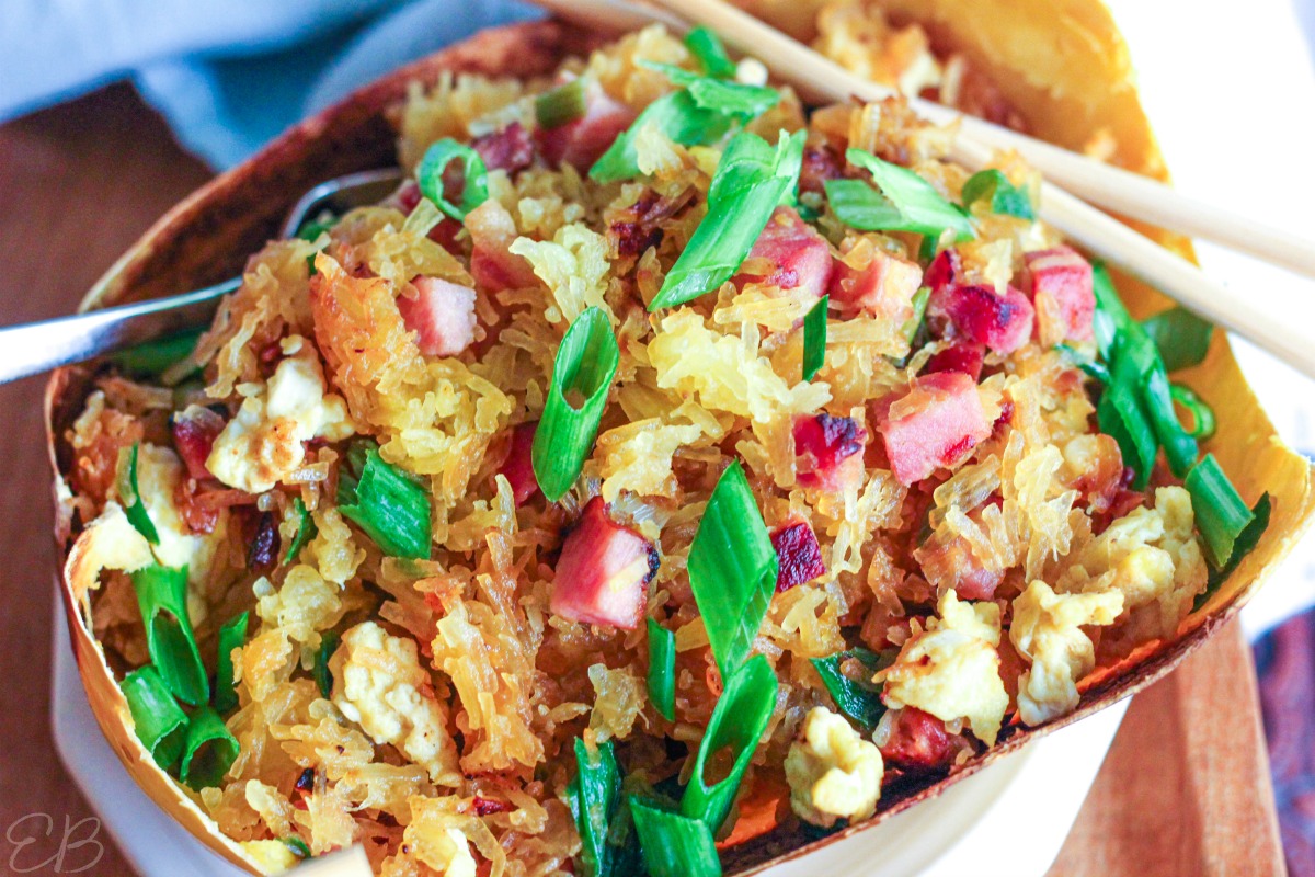 overhead view of spaghetti squash fried rice after it's been served in the squash shell