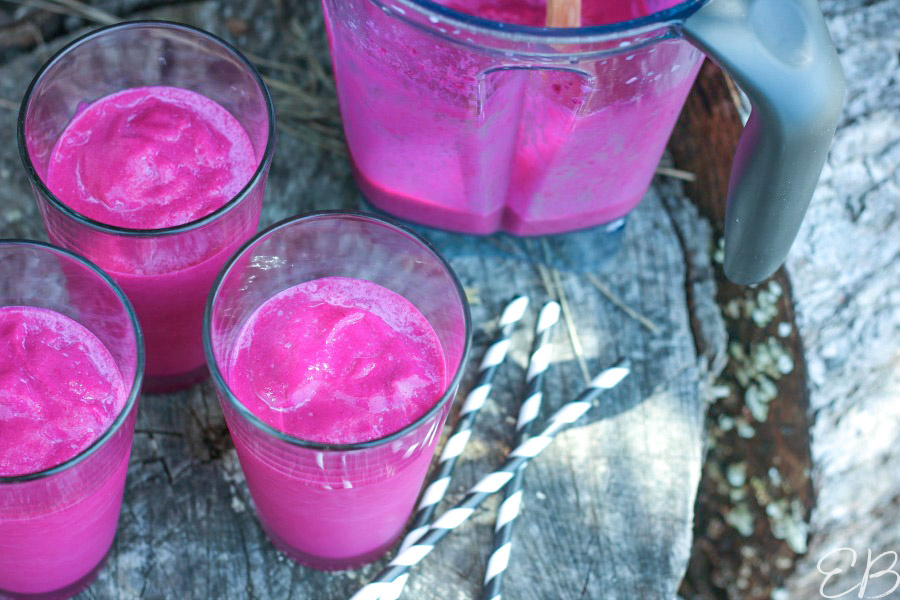 glasses and blender of beet ginger smoothie outside with straws