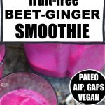 glasses and blender of beet ginger smoothie outside with straws with banner and words