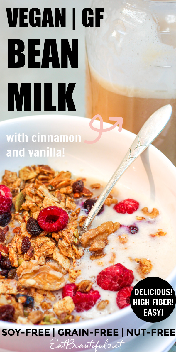 a pin image of cereal and vegan bean milk with the words of the recipe title