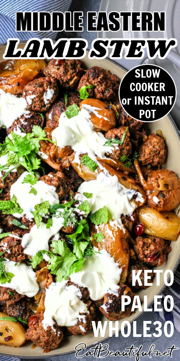 overhead view of middle eastern lamb stew made with meatballs with words on the image