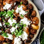 overhead view of middle eastern lamb stew made with meatballs