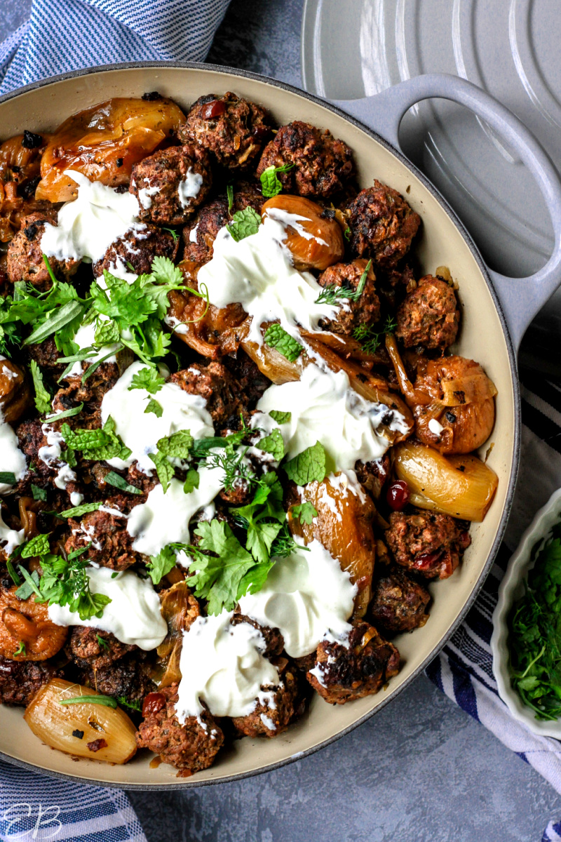 overhead view of middle eastern lamb stew made with meatballs