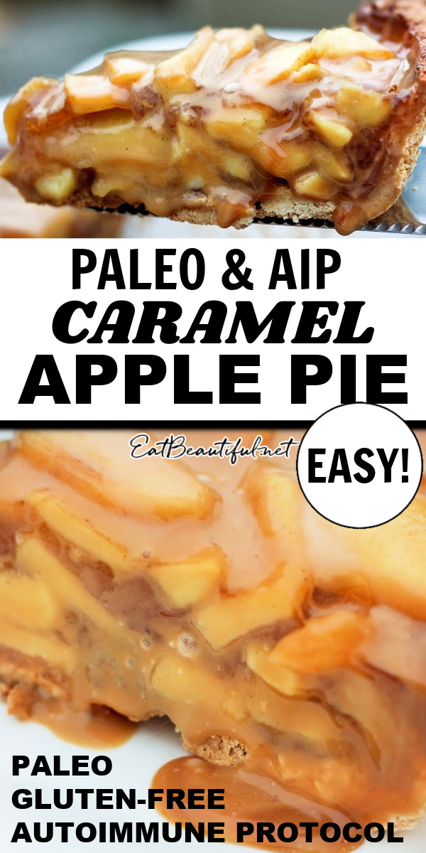 two images of caramel apple pie with banner in the middle