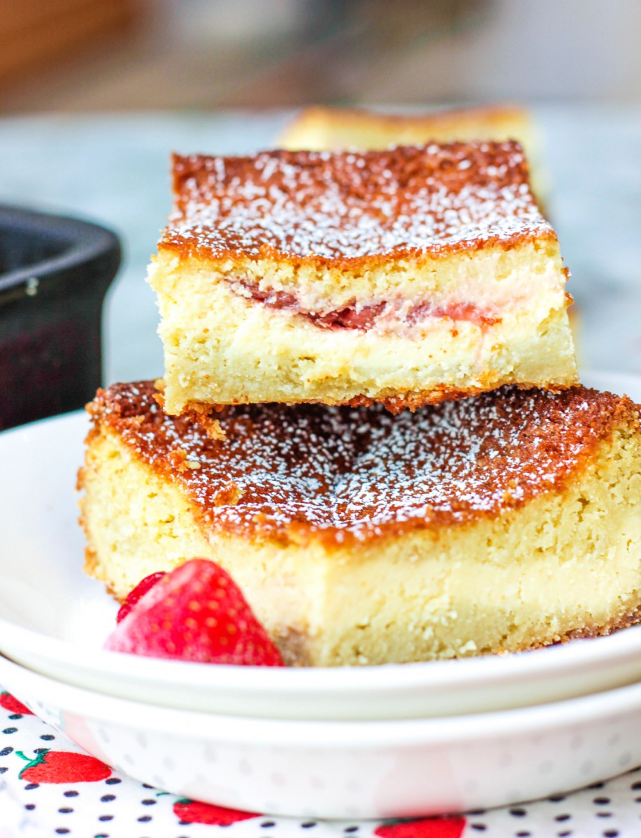 two stacked pieces of keto strawberry danish coffeecake