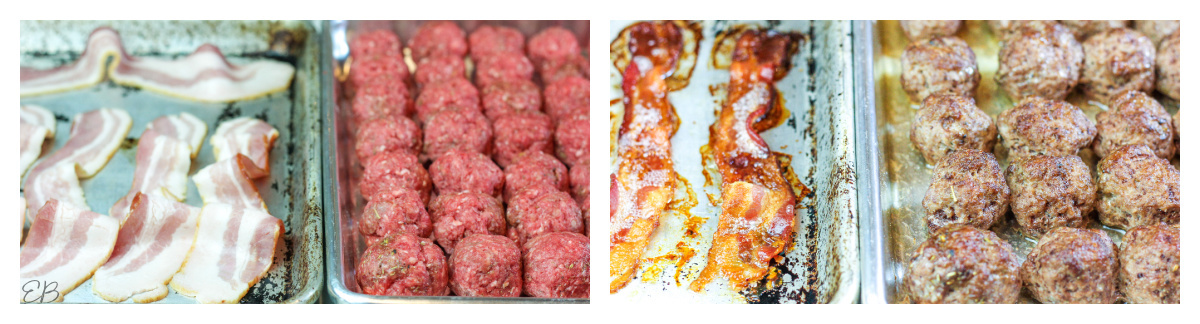 before and after photos of baking bacon and meatballs