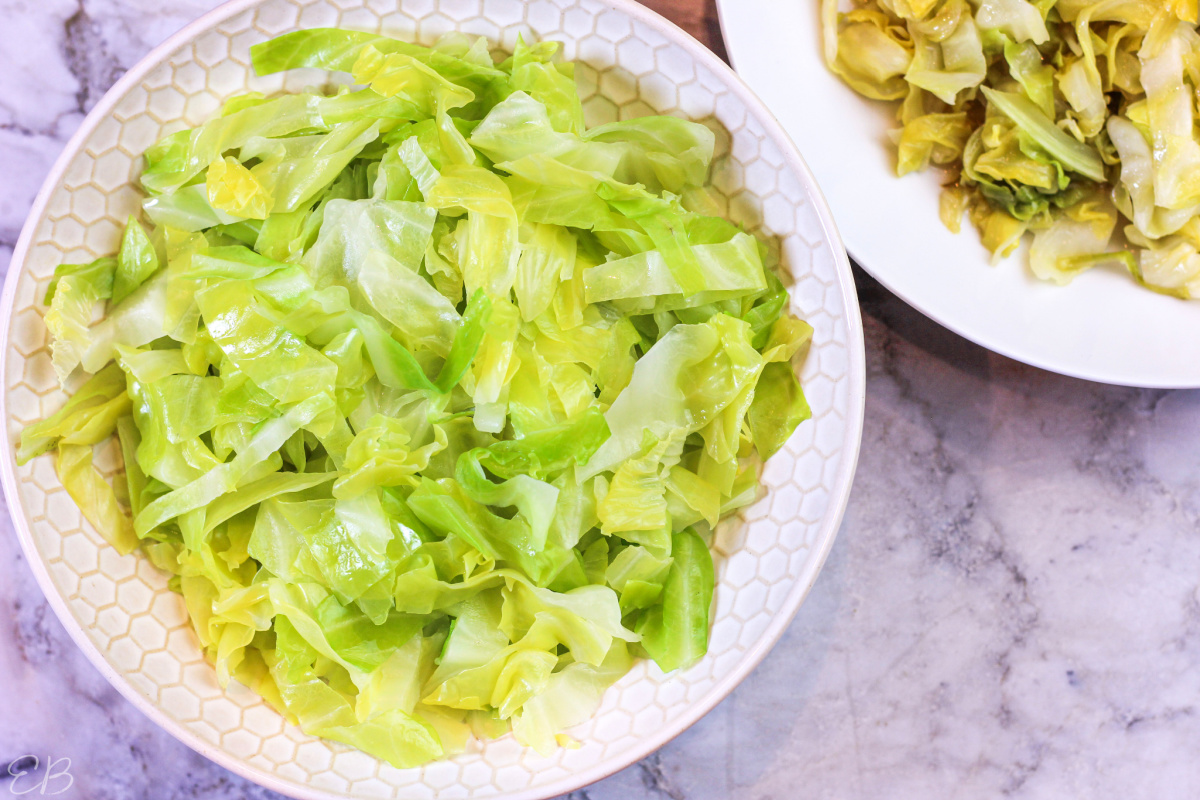 overhead view of boiled cabbage noodles