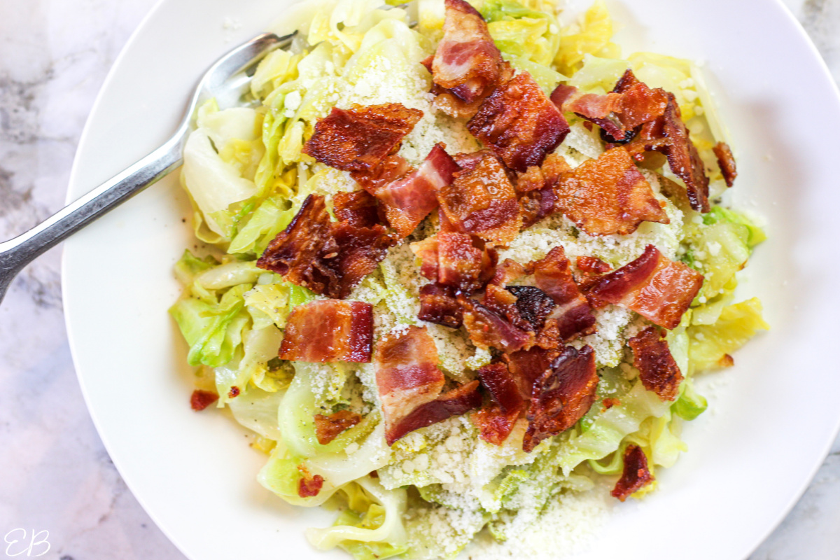 overhead view of noodles with bacon and parmesan