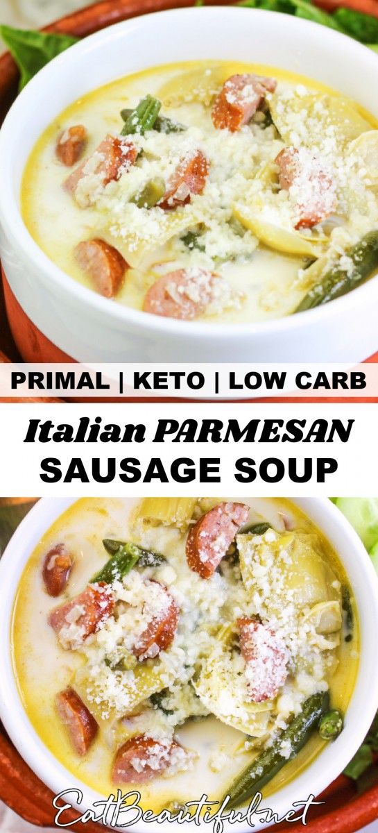 Two bowls of italian parmesan sausage soup with banner and words in the middle