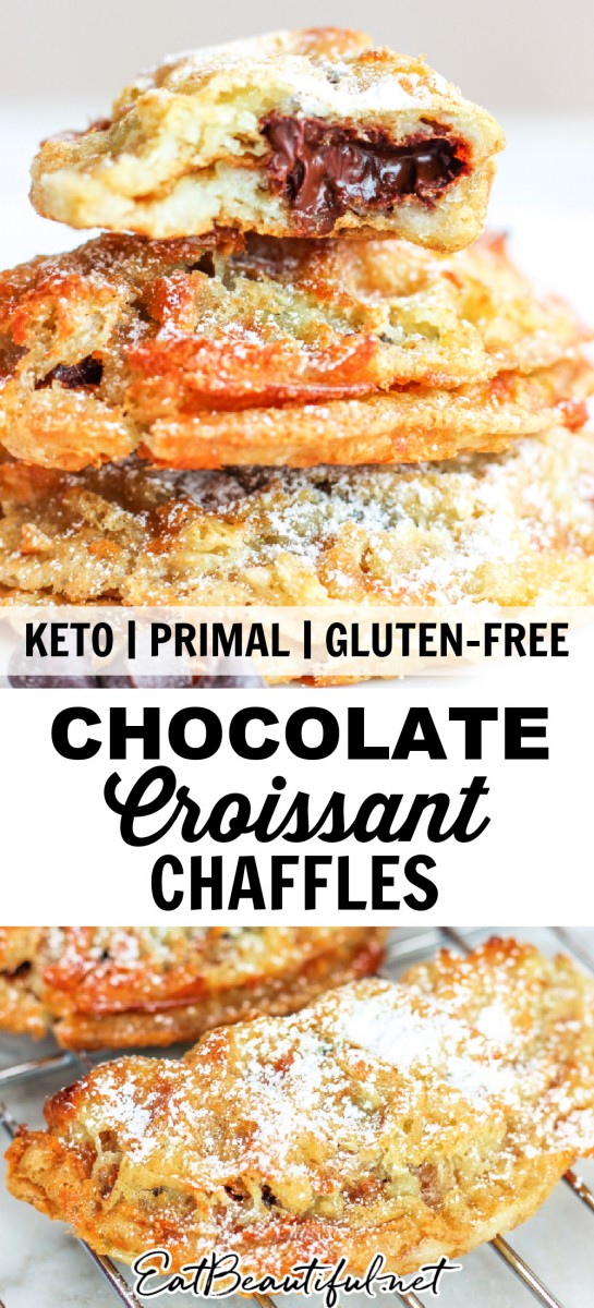 stacked keto chocolate croissant chaffles, with one cut open to show the chocolate middle