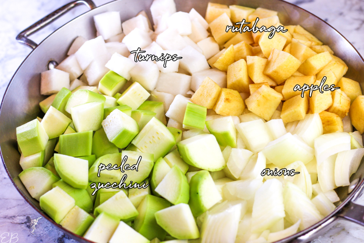 a pan full of chopped vegetables that go into the stew