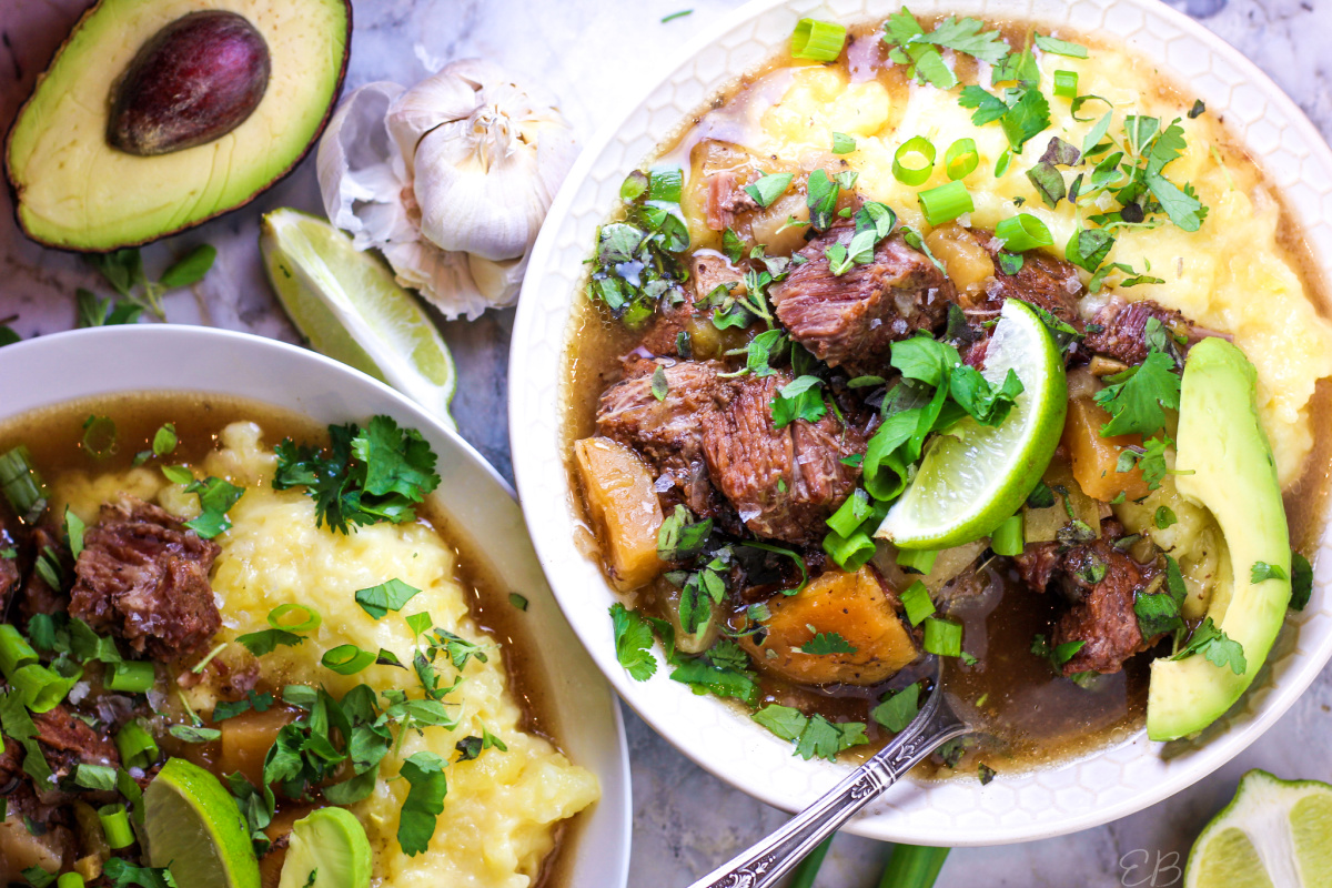 2 bowls of AIP Mexican Stew with an avocado to one side