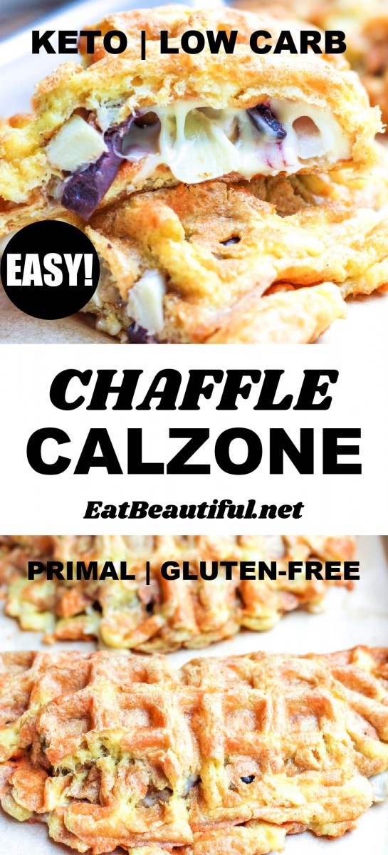 2 images of chaffle calzone with a banner and words in the middle
