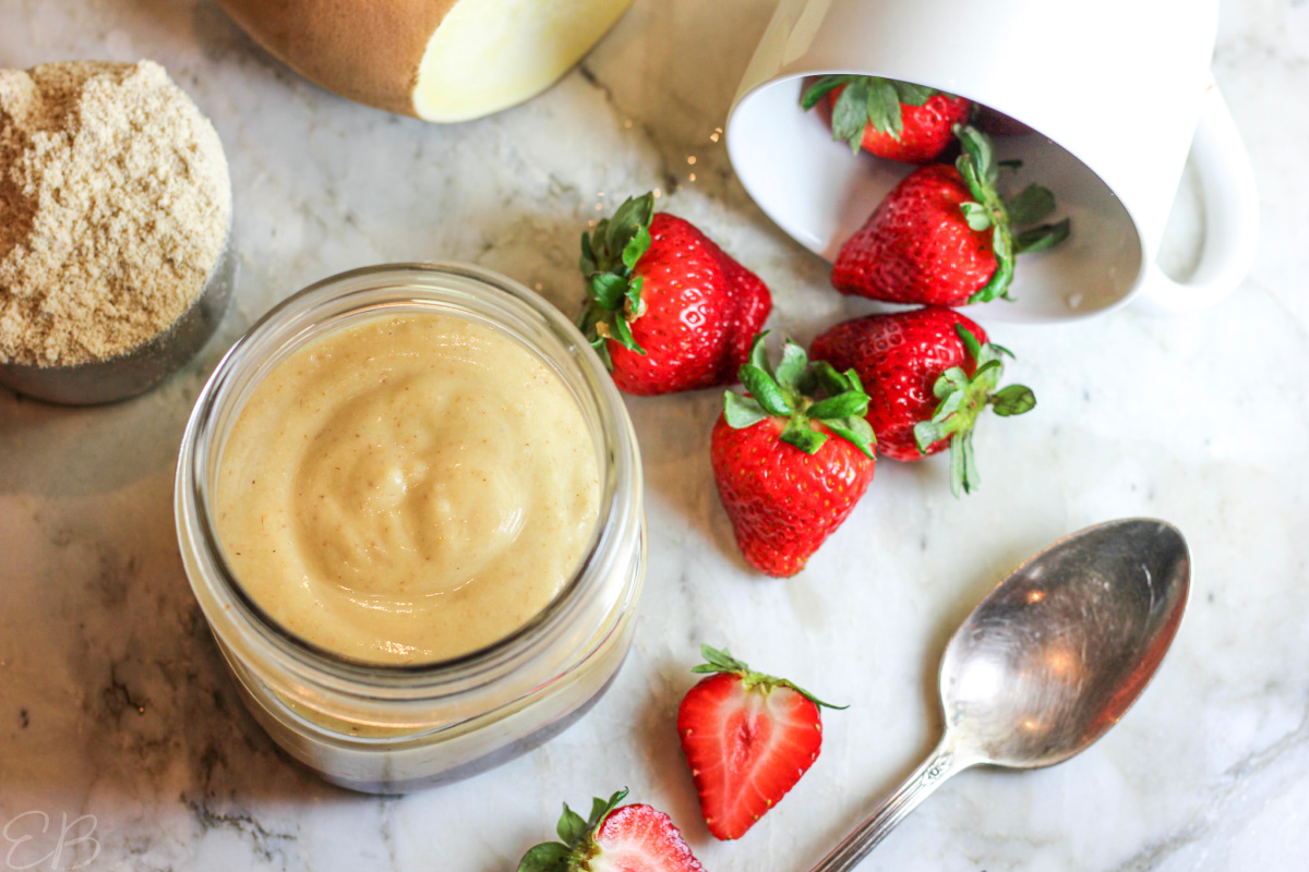 overhead view of tigernut-sweet potato yogurt in mason jar