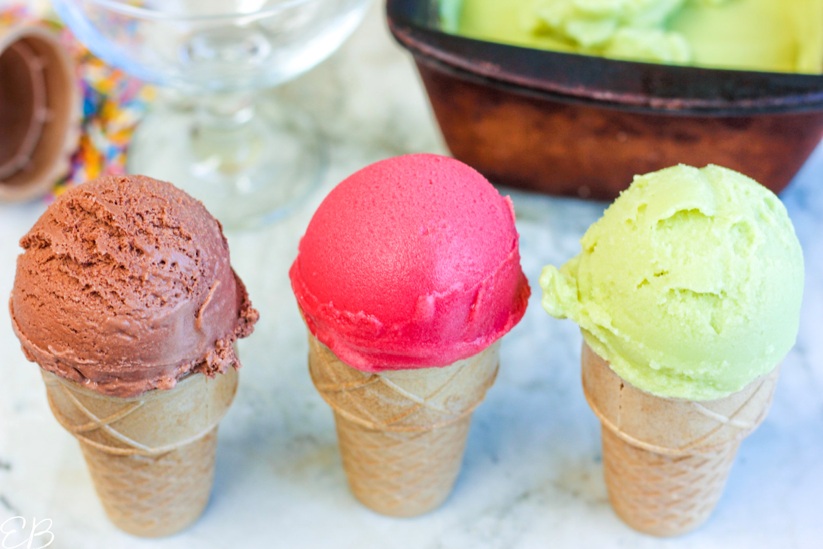 3 cones with different flavors of avocado ice cream lined up