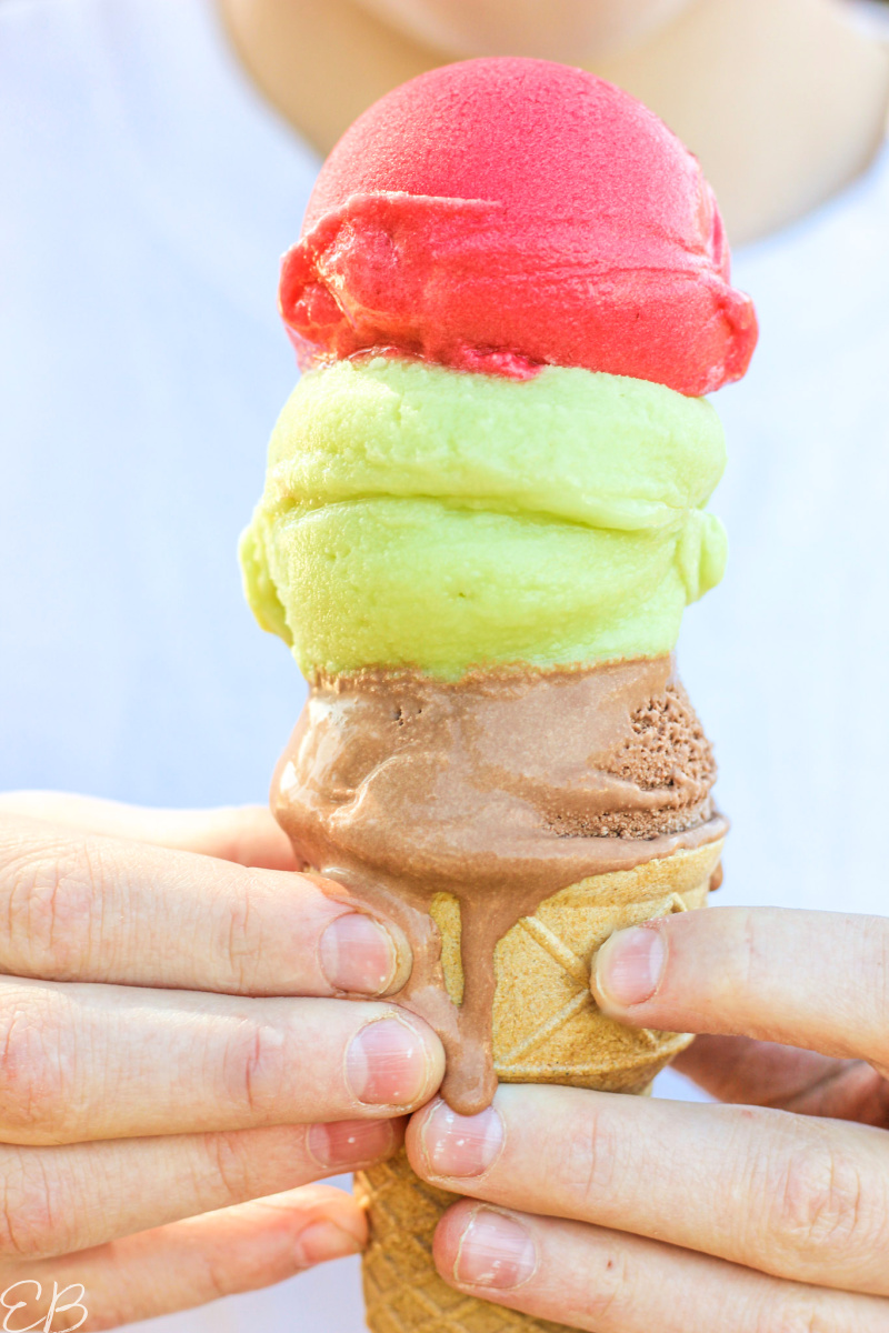 3 scoops on top of a cone, 3 colors, 3 flavors of avocado ice cream