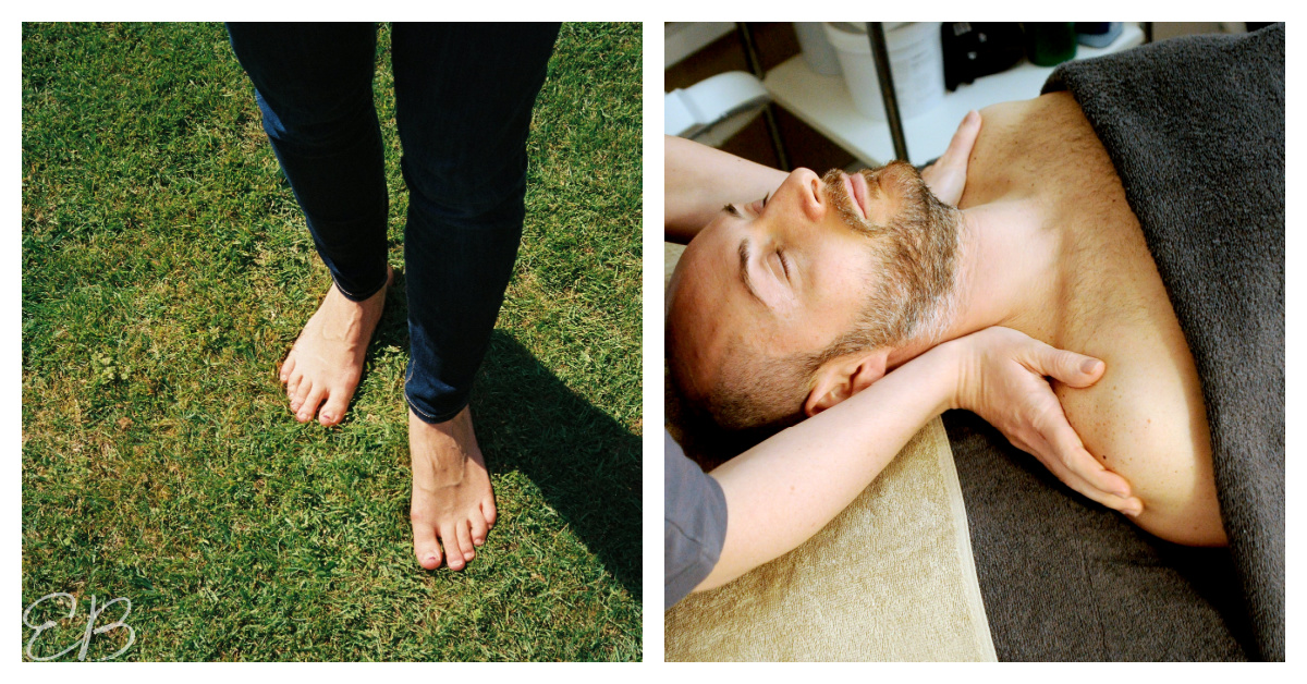 feet on bare grass and a man getting a head and neck massage