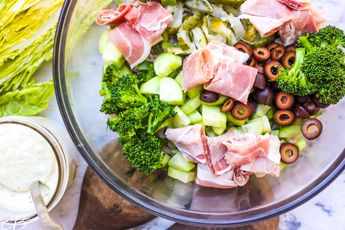 overhead view of the ingredients in paleo & aip antipasto pasta salad before being stirred