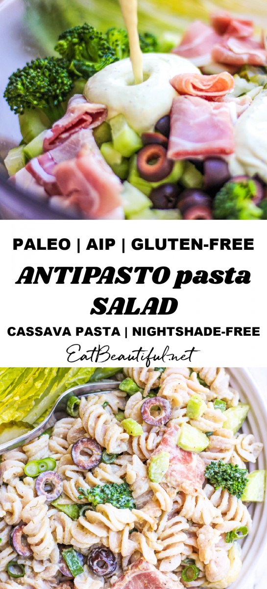 two images of antipasto pasta salad, the top one with dressing being poured on the ingredients