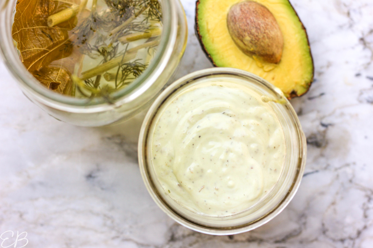 overhead view of pickle juice salad dressing