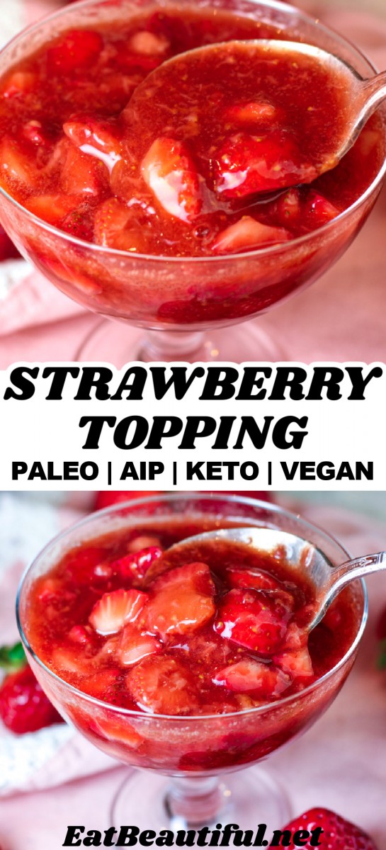 two close-up photos of strawberry topping being spooned up to serve
