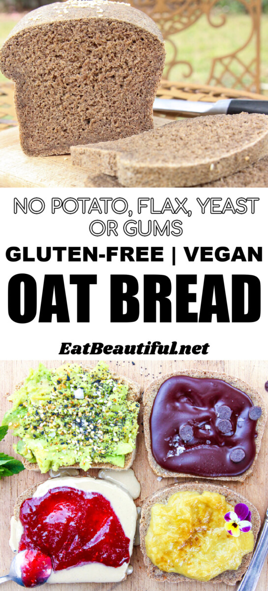 a cut open loaf of gluten-free vegan oat bread with 4 open slices and toppings