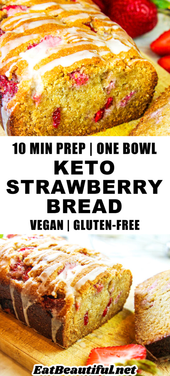 2 PHOTOS OF KETO STRAWBERY BREAD WITH RECIPE TITLE ON BANNER IN THE MIDDLE