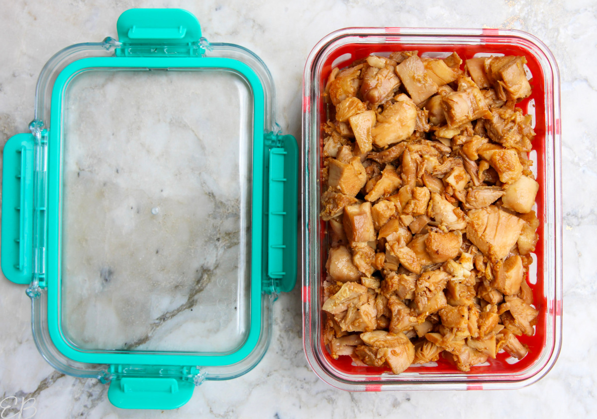 overhead view of Asian chopped chicken thighs packed for storage