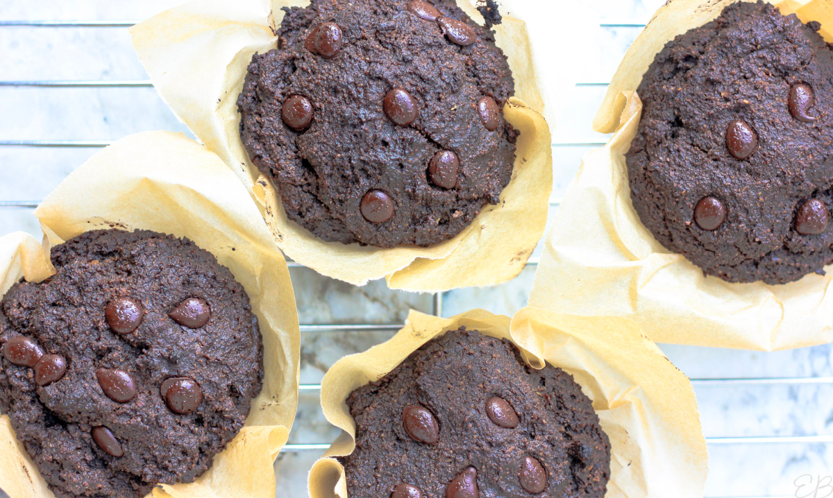 overhead view of carob muffins cooling on rack